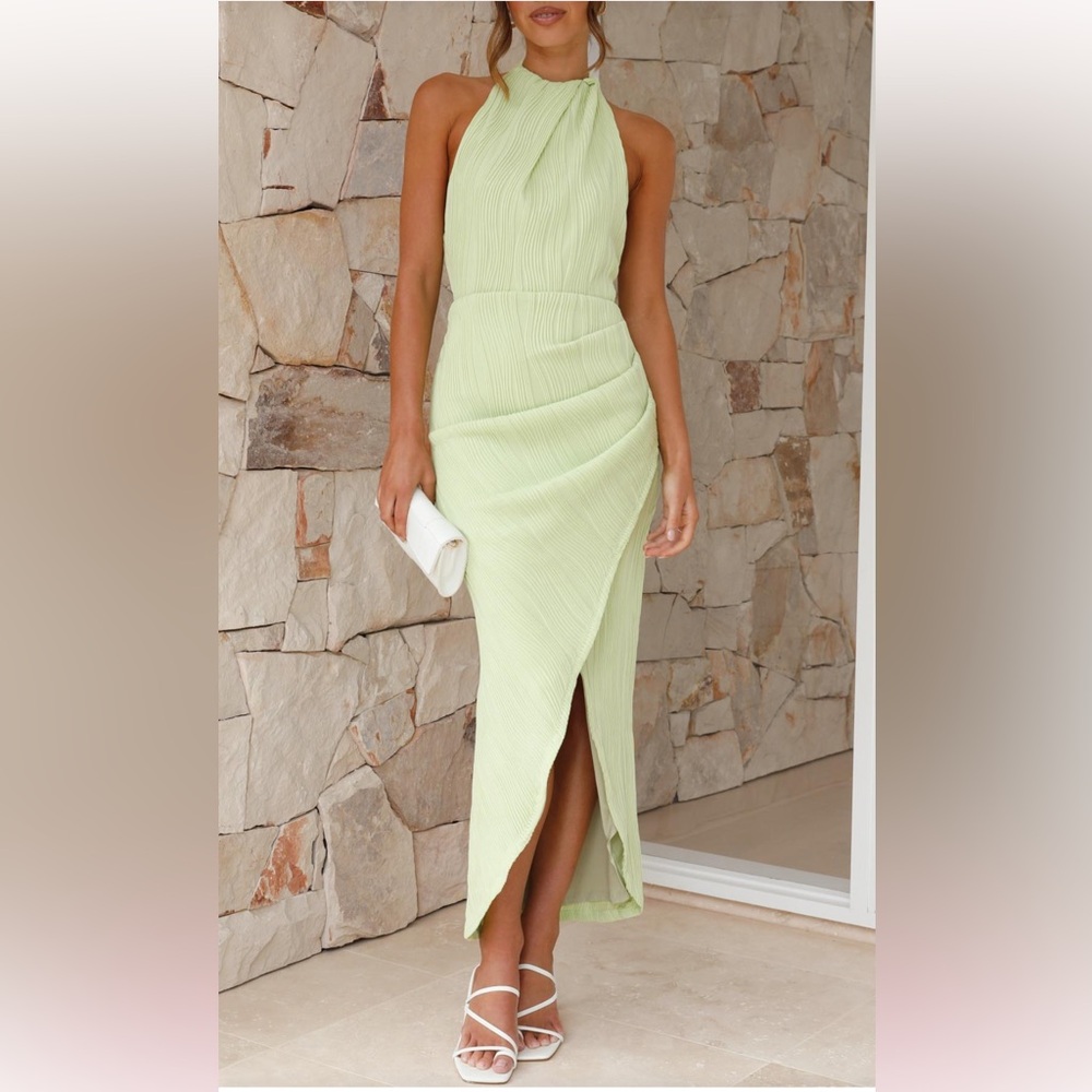 Toperth Green Elegant Pleated Asymmetrical Front Maxi Dress